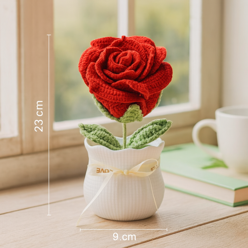 Handmade Crochet Rose Flower in White Textured Pot - Verolix