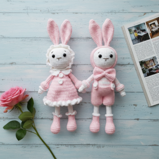 Handmade Crochet Bunny Couple Plushie – Valentine’s Day Amigurumi Gift – Cute Stuffed Animal Set - Pink