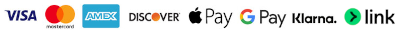 Visa, Mastercard, Amex, Apple Pay, Google Pay, Link, Klarna secured by Stripe